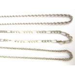 Two silver neck chains, comprising one Figaro chain and one Byzantine chain, together with one other