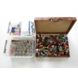 A large quantity of bead embroidery supplies, including a wooden box of assorted bobbins of silk