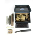 A vintage Stamp Maker set retailed by J. Hollway of Harrogate, together with pen and quill knives