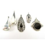 Five contemporary white metal pendants, two of teardrop form, one set with mother of pearl, together