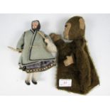 A vintage monkey glove puppet, together with a vintage character doll modelled as an old lady