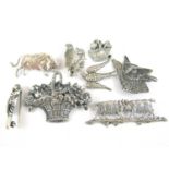 Vintage novelty white metal and electroplate brooches, including one modelled as a basket of