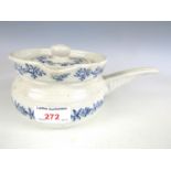 A French blue and white ironstone bowl with handle and cover 'Teere D'acier, Saint Ouze'