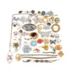 Vintage costume jewellery brooches, bracelets and rings, together with an early 20th Century hat pin