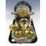 A quantity of 19th Century and later brassware and electroplate including a brass dinner gong and an