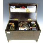 A vintage wooden case containing a large quantity of leather working and other tools etc.