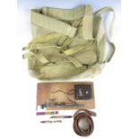 A Second World War British webbing belt and pack and a morse key etc.