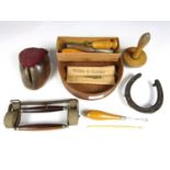 Sundry collectors' items including darning and sewing tools, a rosewood handled luggage carrier