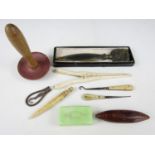 Sundry antique and vintage sewing items including a darning mushroom and bone bodkin case,