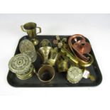 Sundry brass and copper ware including a string box, wall pockets and lidded boxes etc