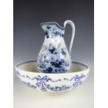 A Wedgwood Lambelle pattern blue-and-white basin together with associated ewer