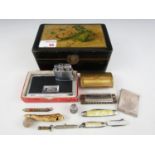 A Victorian lacquered box and sundry collectors’ items including a silver thimble, a Hohner vest