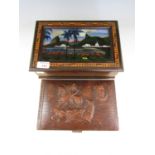 A Brazilian wooden work box with hand painted lid, together with a tooled leather jewellery box