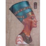 A large gilt framed Egyptian papyrus painting of Queen Nefertiti