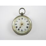 A Victorian lady's silver cased fob watch, with white enamelled face and Roman numerals (a/f)