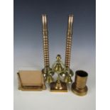 A pair of apprentice made turned bronze / brass candlesticks, a photo frame, a spill vase and a