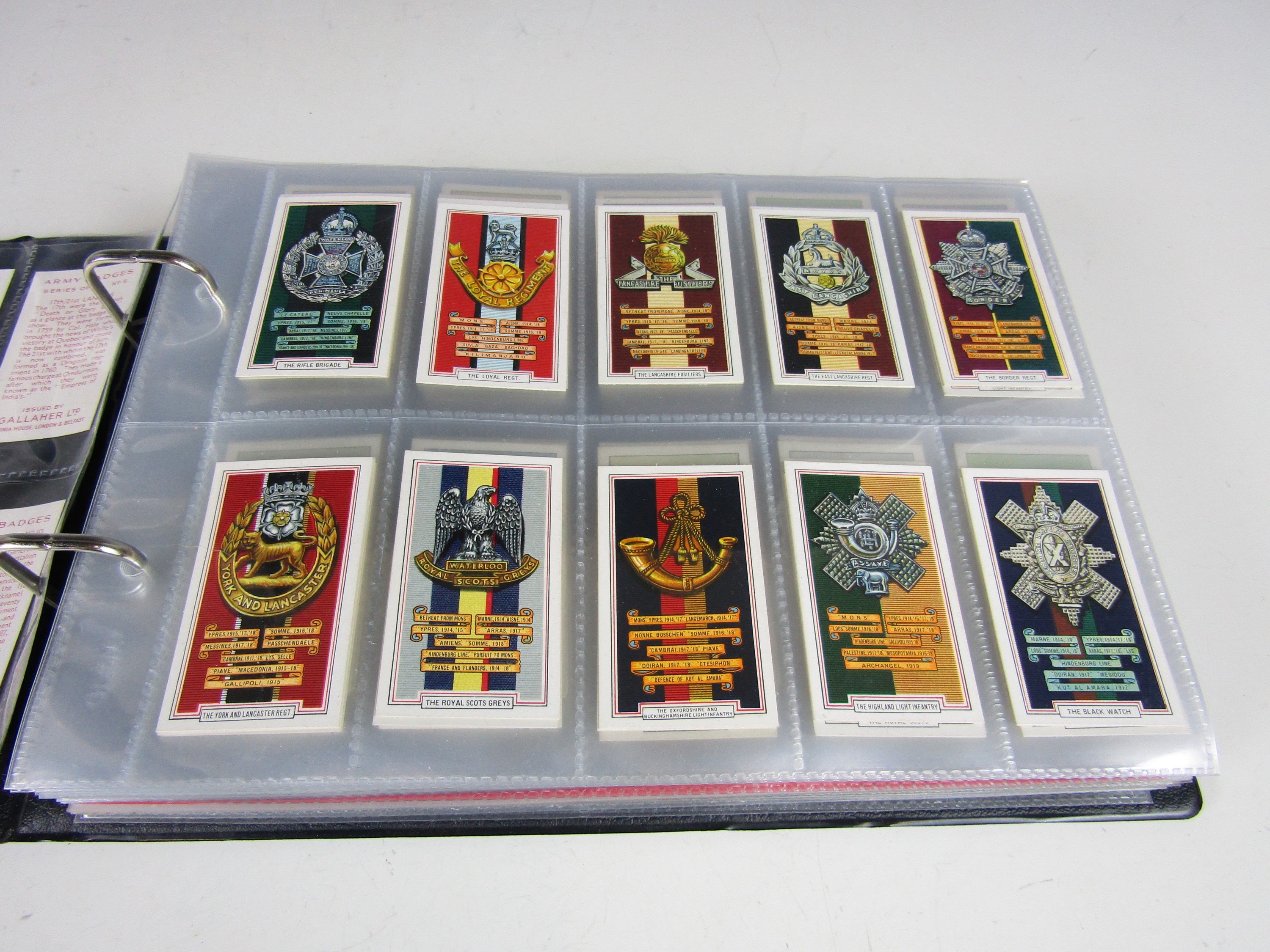 An album of vintage cigarette card series including Gallahers Army Badges, Wild Flowers, Butterflies