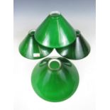 Four vintage green overlaid glass shallow conical pendant lamp shades