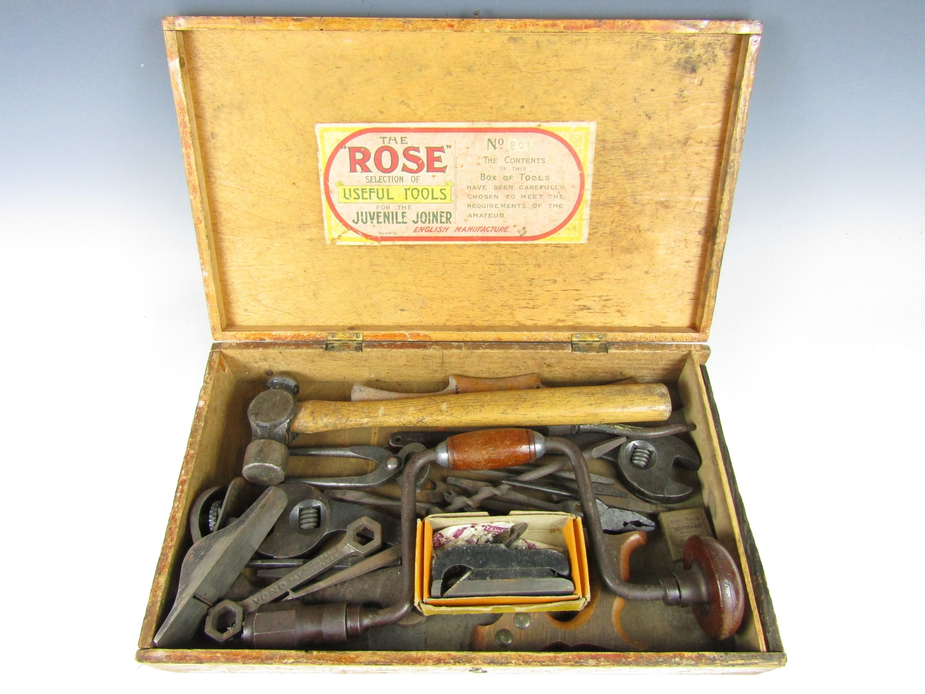 A box of vintage tools labelled The Rose Selection of Useful Tools for the Juvenile Joiner