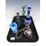 A 19th century hanging vase together with two acid etched blue glass vases etc