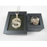 A suite of contemporary Gent's Ice silver jewellery comprising flamboyant dollar ring and pendant