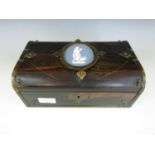 A Victorian brass-mounted Macassar ebony sewing box with inset jasperware plaque