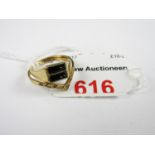 A vintage 9ct gold and black onyx dress ring together with a 9ct gold wishbone ring, 2.1g total