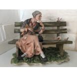 A Capo di Monte figurine of a lady sat at a bench