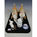 A pair of Continental bisque figurines, a chocolate pot etc