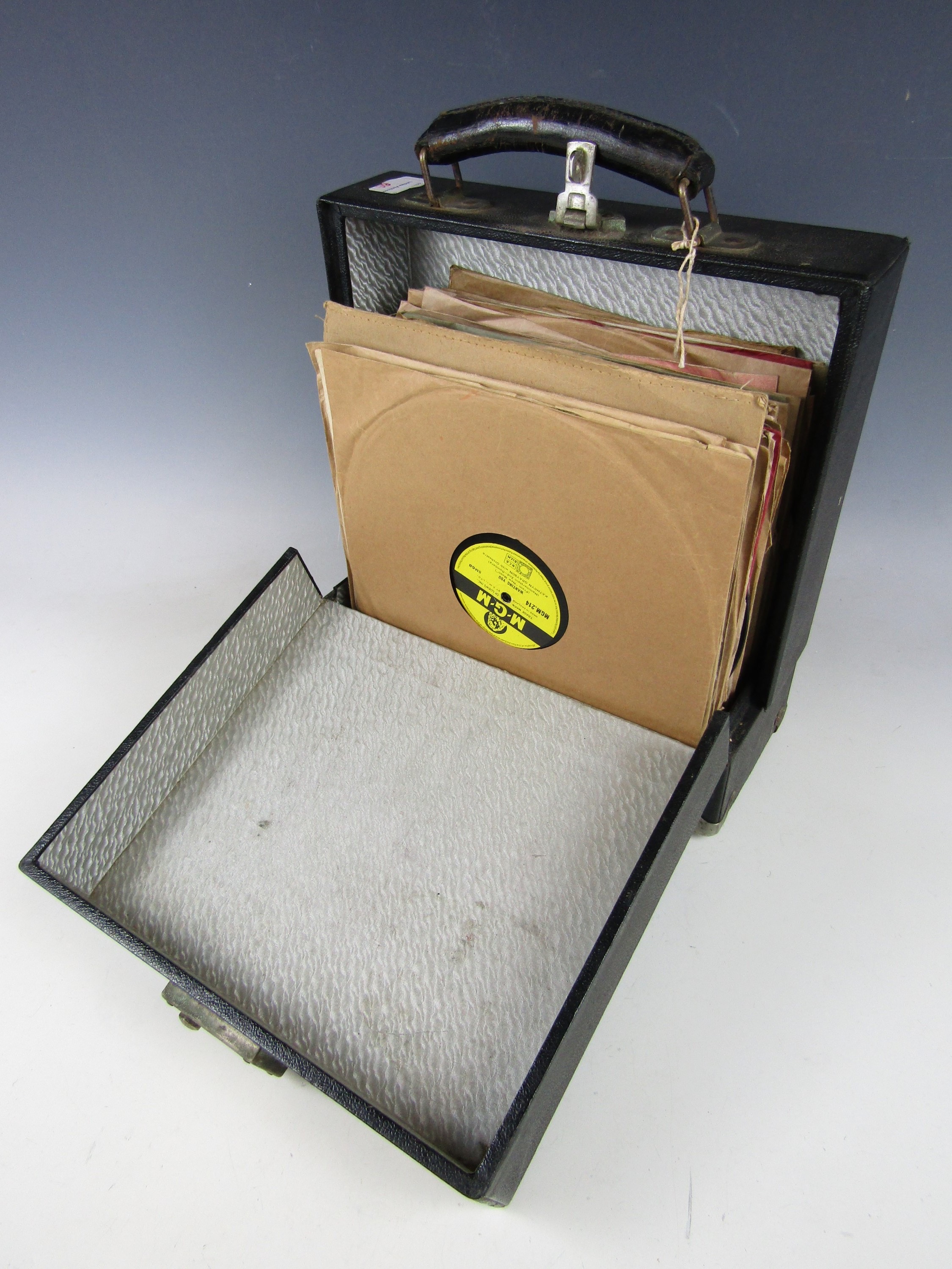 A cased quantity of gramophone records etc