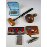 Sundry collectors’ items including a 1902 Coronation tin and a darning mushroom etc