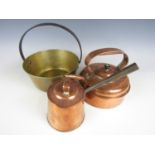 A brass jam pan together with a copper kettle, copper pan etc