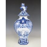 A large 19th Century Dutch Delft ware blue and white vase and cover, 46 cm (a/f)