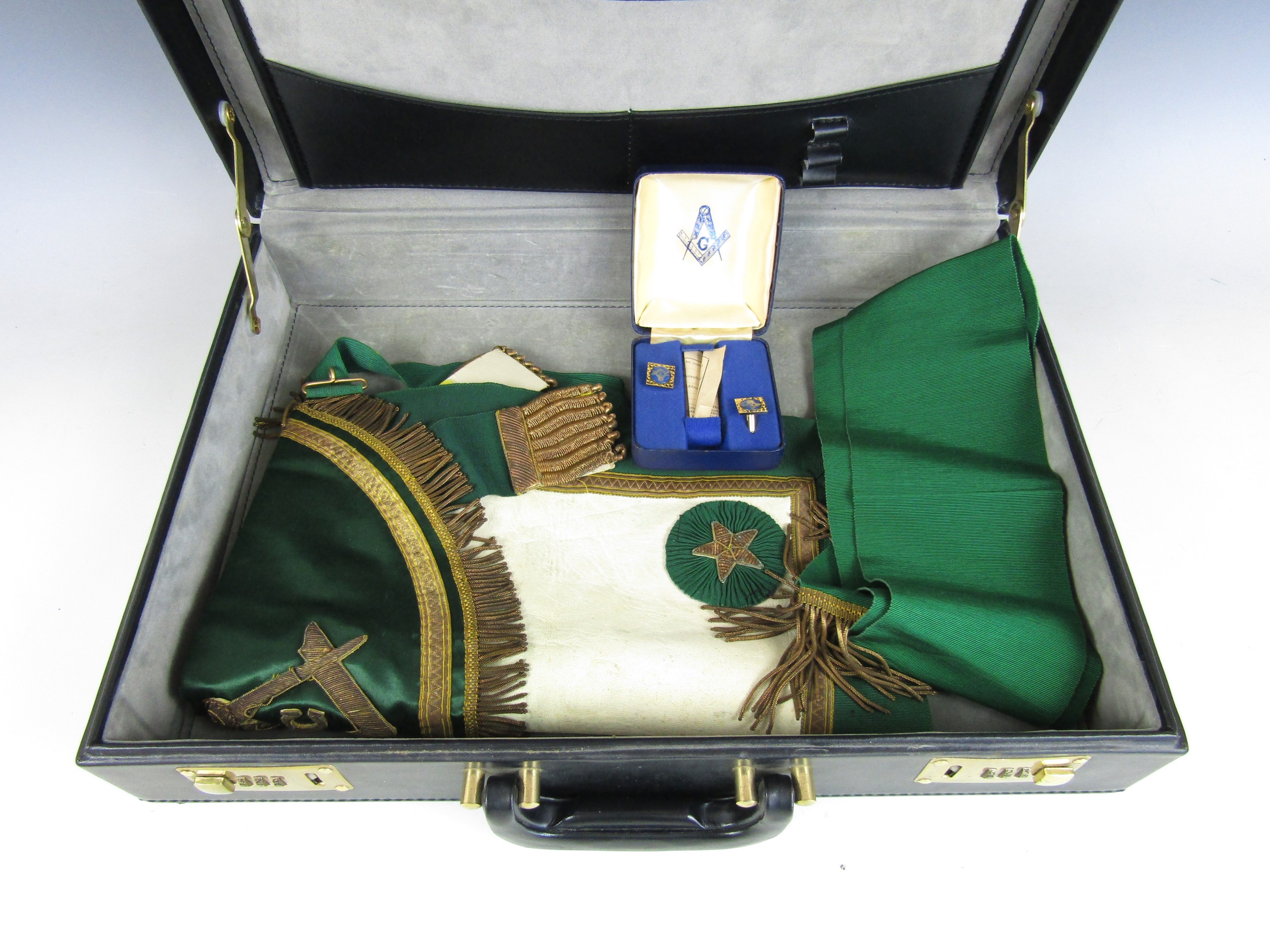 A vintage briefcase containing Masonic regalia including a cased set of Masonic cuff links - Image 2 of 2