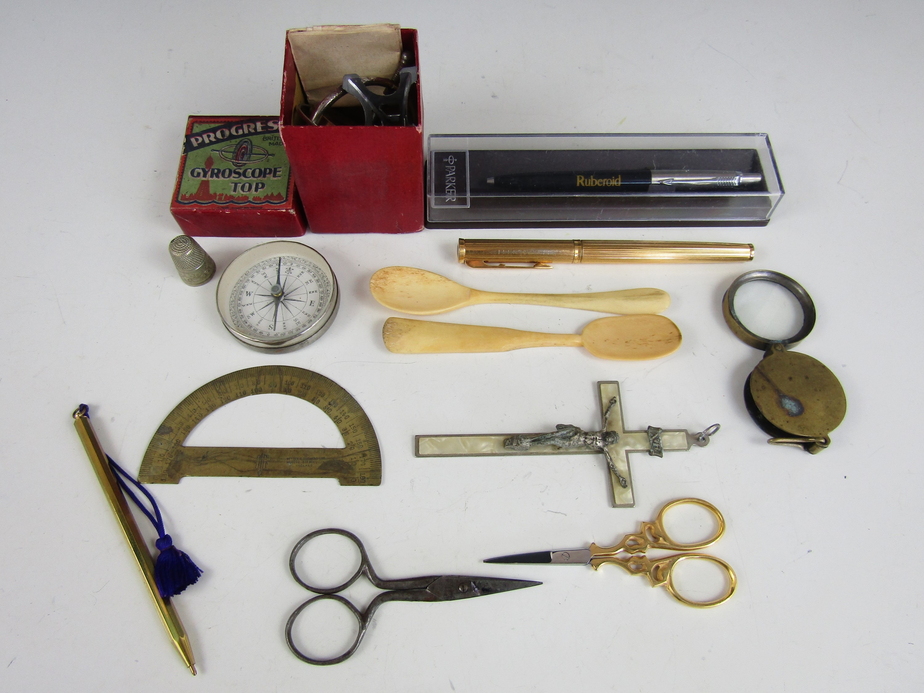 Sundry vintage collectors' items, including a boxed Progress 'Gyroscope Top' with paperwork, plus