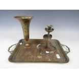 An Indian Moradabad brass tray together with a cobra candlestick and vase