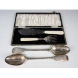 Two electroplate basting spoons together with cased fish servers and two electroplate stands etc