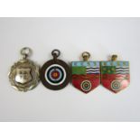 Three vintage basse-taille enamelled archery medallions, together with one further electroplate