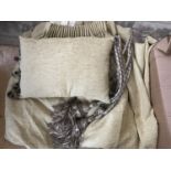 Contemporary golden chenille curtains with matching pelmet, cord tassel tie-backs and cushion (