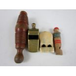 Four vintage whistles, including the Acme 'Thunderer'