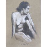 R. Littleyard (20th Century) Study of a female nude in charcoal and chalk, mounted, 27 x 19 cm