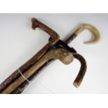 A quantity of vintage walking sticks including a Shepherds' crook