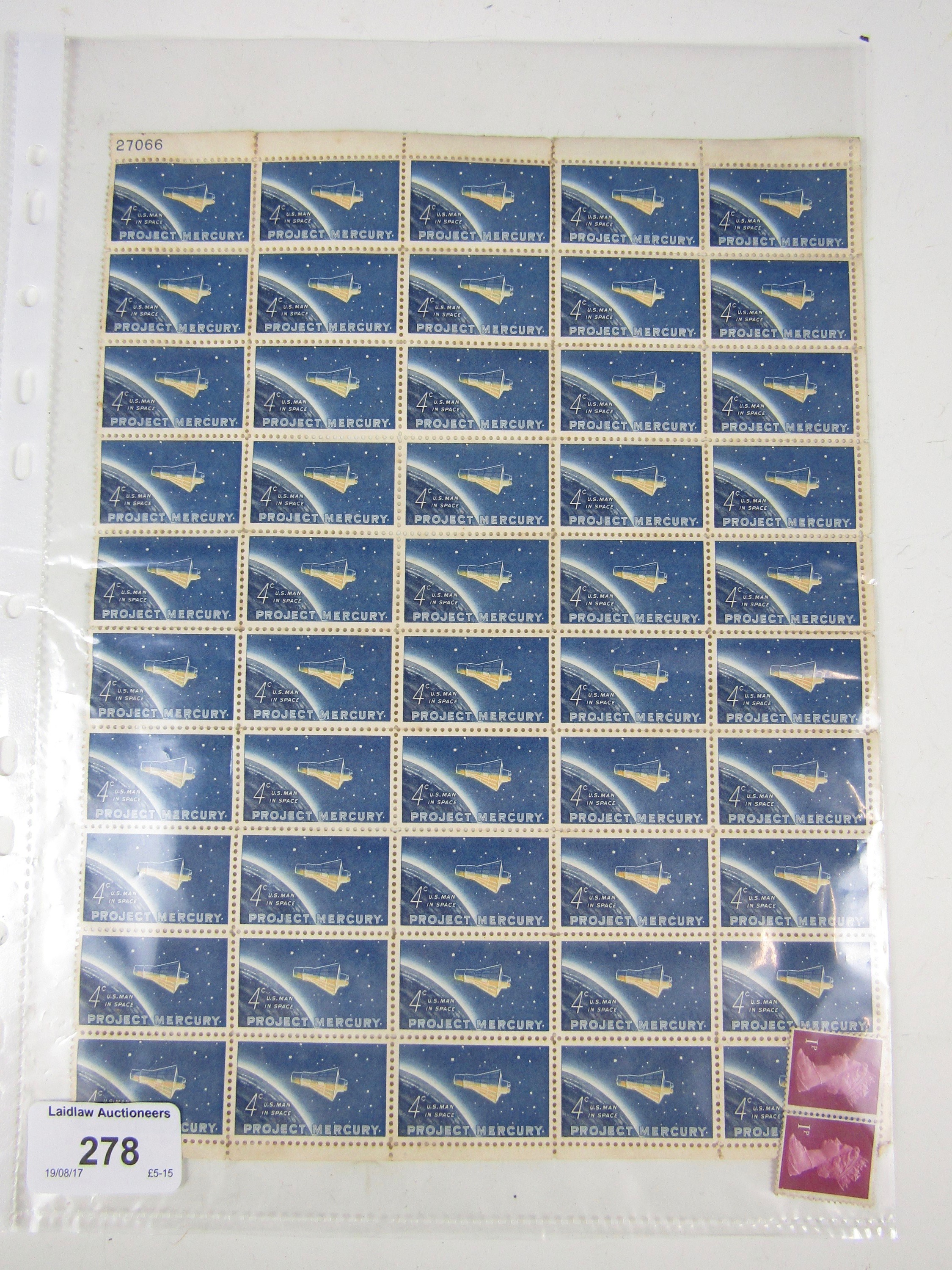 A sheet of four cents Project Mercury stamps
