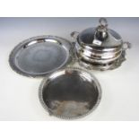 Three quality electroplate salvers and a covered tureen