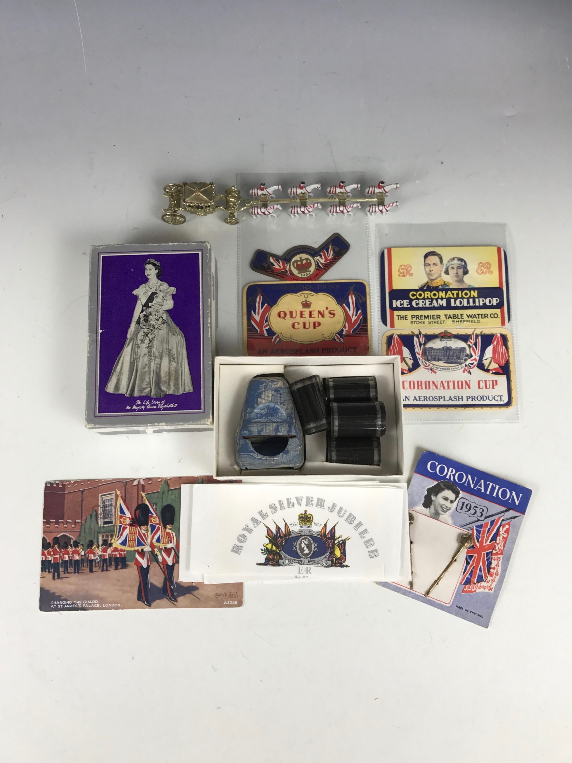 1953 Royal Coronation souvenirs and ephemera including a 'Film Stips' viewer and reels