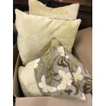 A bedroom suite of soft furnishings in a lemon and pale green chenille Art Nouveau design, including