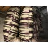 A set of five contemporary down filled scatter cushions in a pale mink and plumb stripe