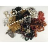 Three antique faux jet bead necklaces together with further period costume jewellery, including