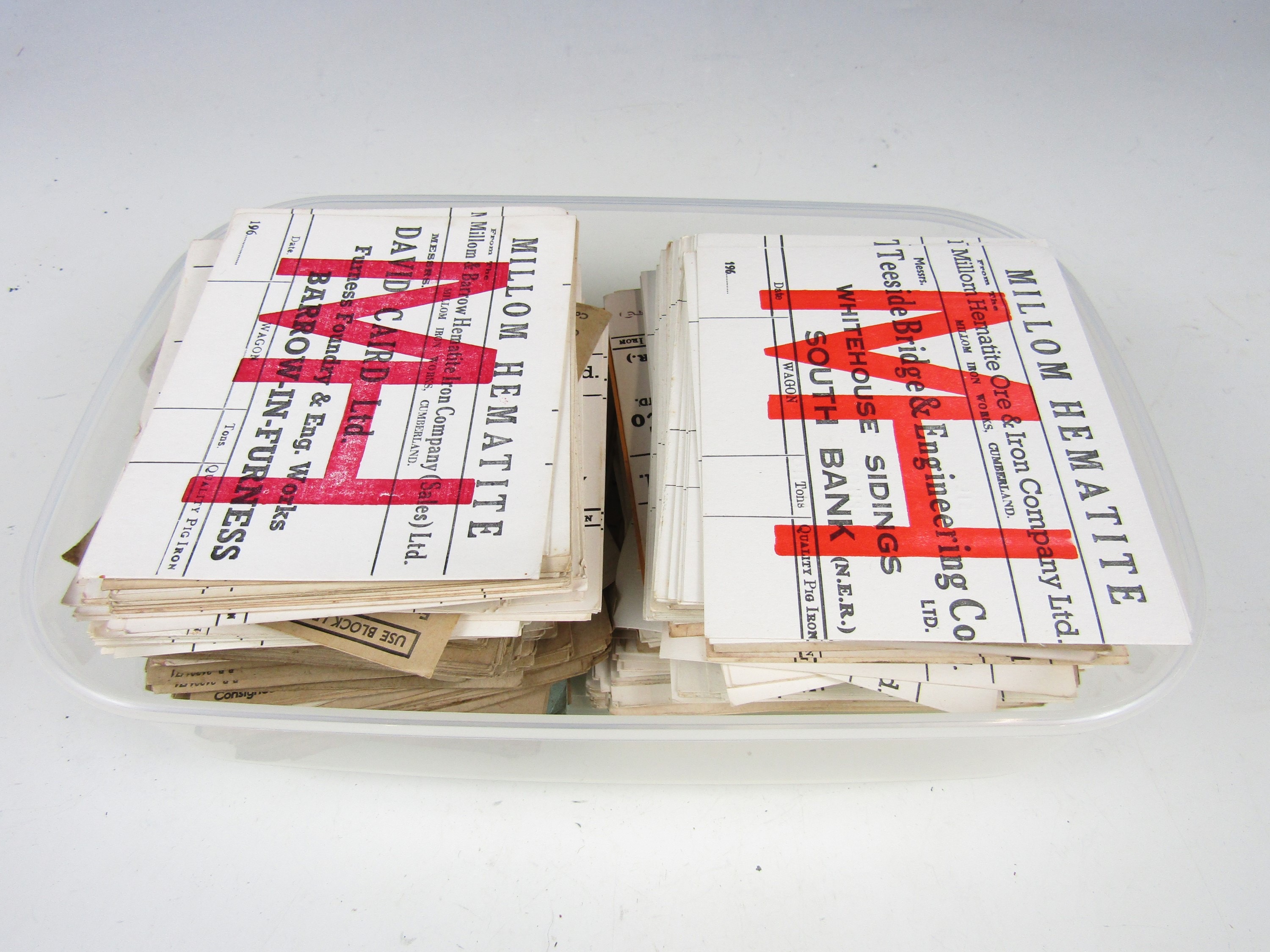 A large quantity of Millom Hematite Railway load cards