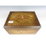A Victorian marquetry inlaid jewellery box, with mother of pearl inlay, interior lacking, 30 x 23